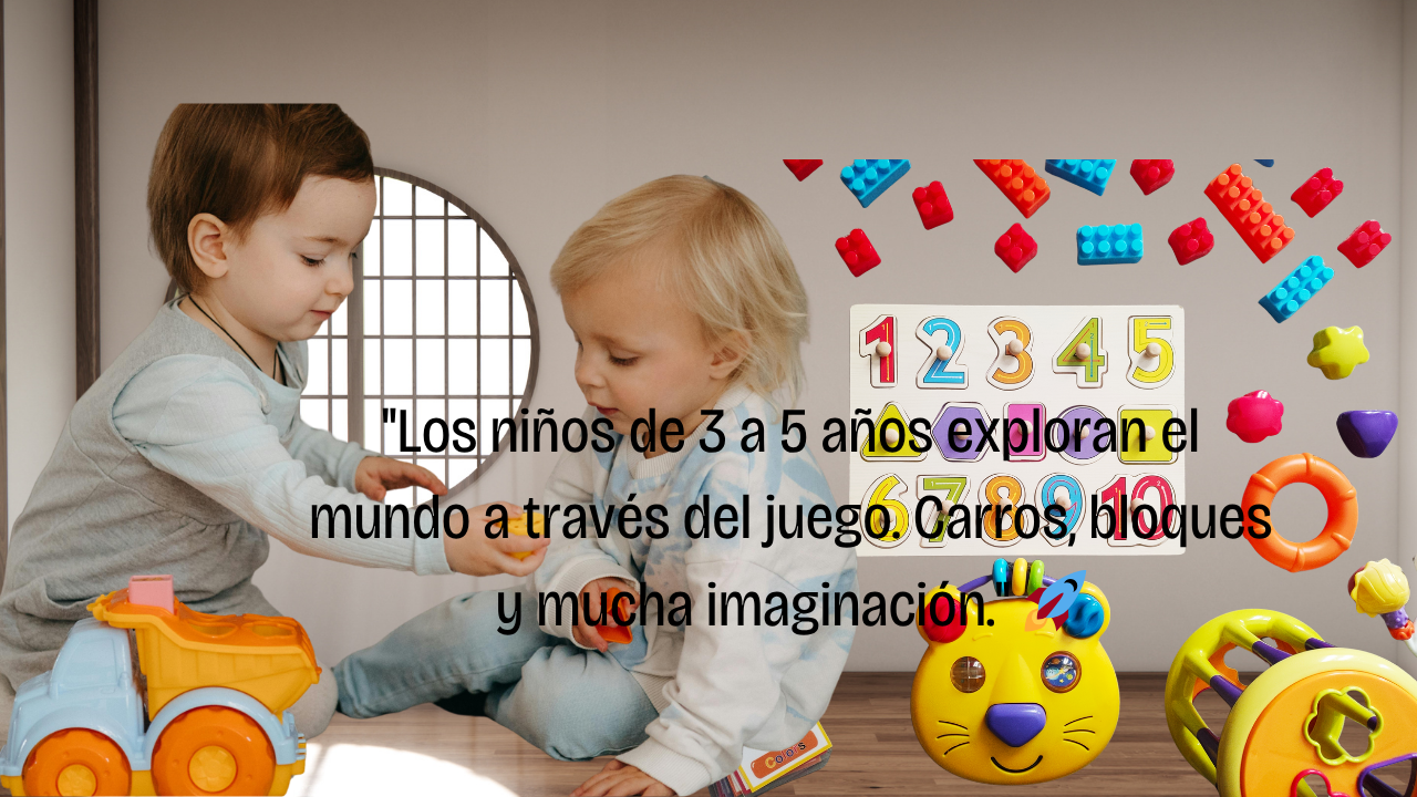 niños de 3 a 5 años jugando con carros y bloques de construcción