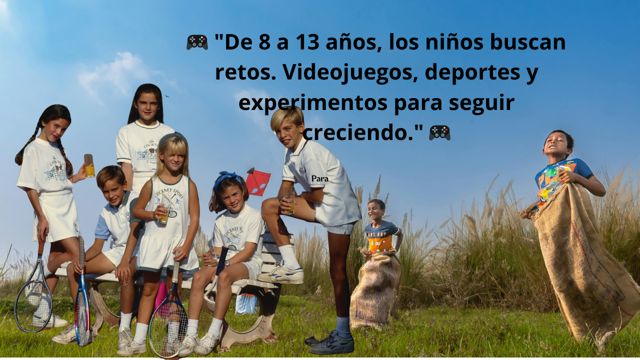 niños y adolescentes de 8 a 13 años jugando con videojuegos y deportes