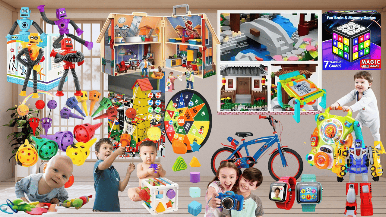 niños jugando con carros bloques y juguetes educativos